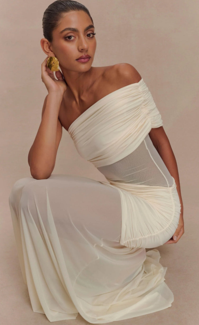 Meshki Dallas One Shoulder Mesh Maxi Dress Ivory Meshki Dallas One Shoulder Mesh Maxi Dress Ivory