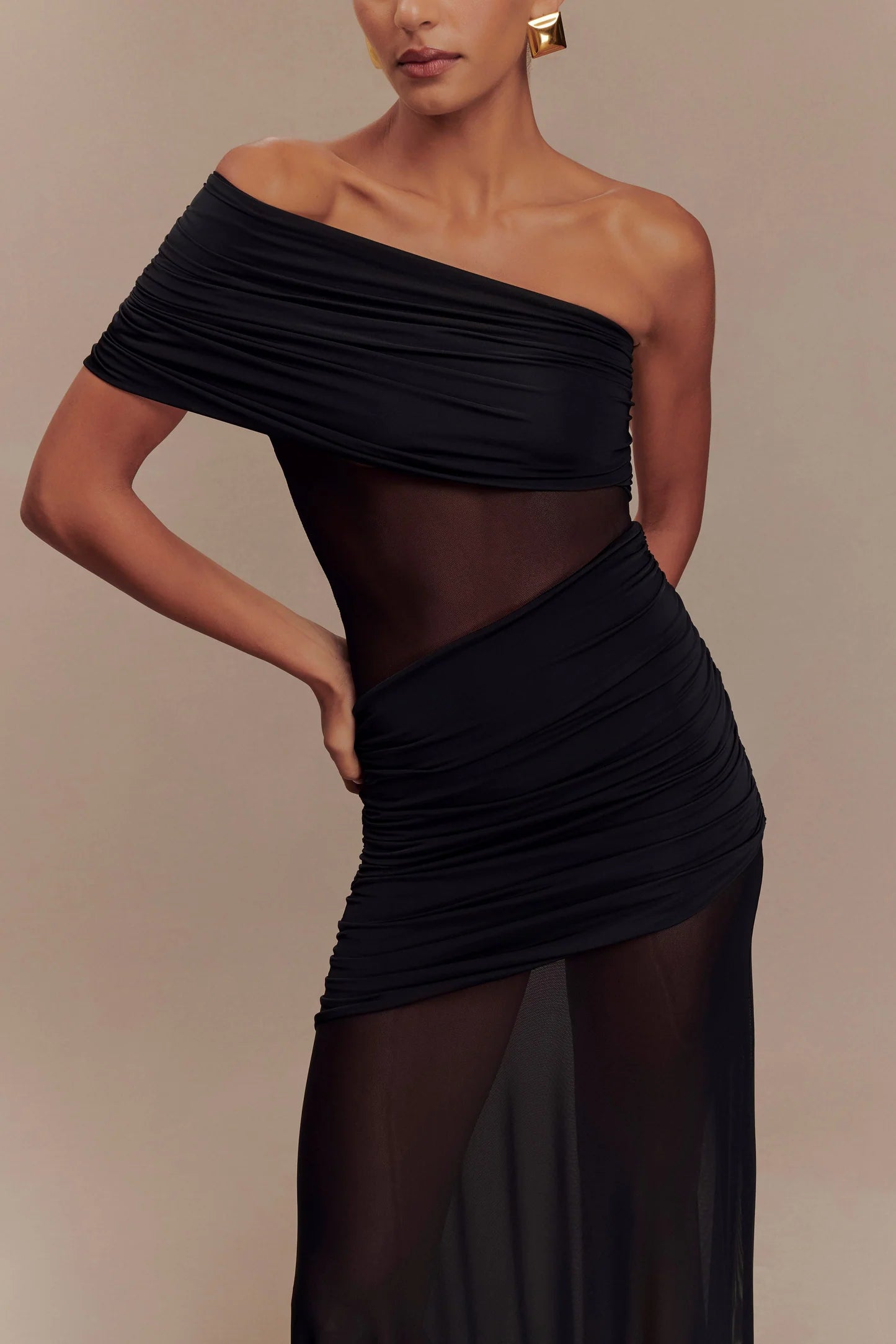 Meshki Dallas One Shoulder Mesh Maxi Dress Black