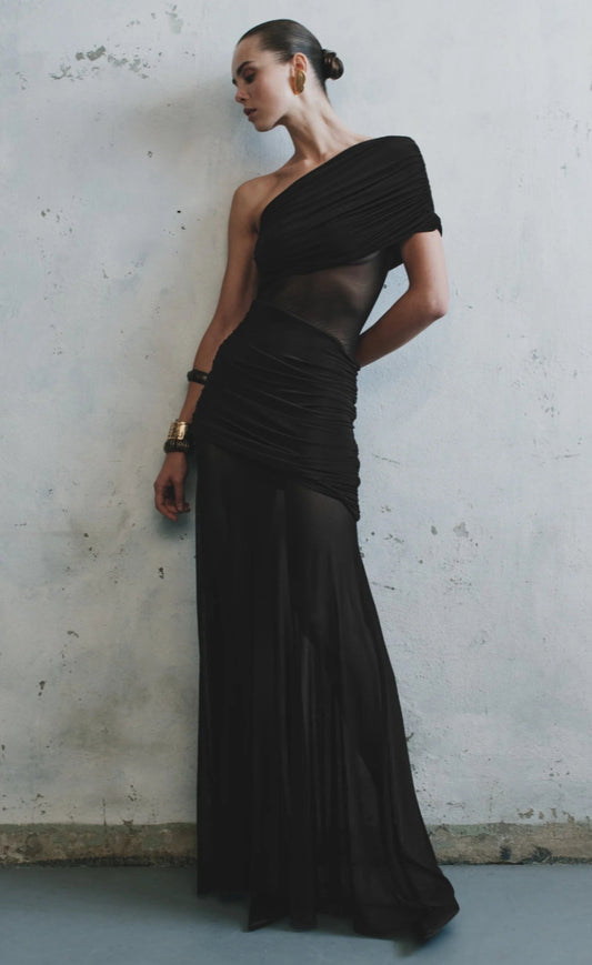 Meshki Dallas One Shoulder Mesh Maxi Dress Black