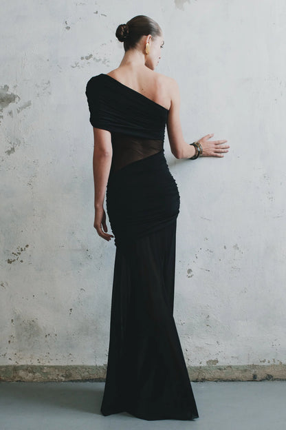 Meshki Dallas One Shoulder Mesh Maxi Dress Black
