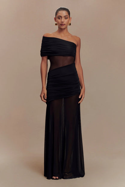 Meshki Dallas One Shoulder Mesh Maxi Dress Black