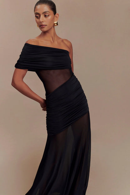 Meshki Dallas One Shoulder Mesh Maxi Dress Black